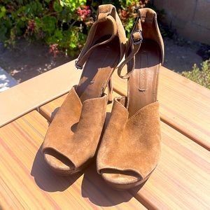 BCBG Maxazria Camel Suede Leather Steel Heel Sandals